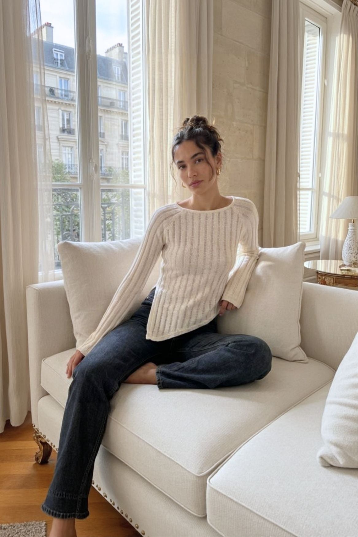 Asymmetrisches Rib Longsleeve Bio-Baumwolle - Ecru