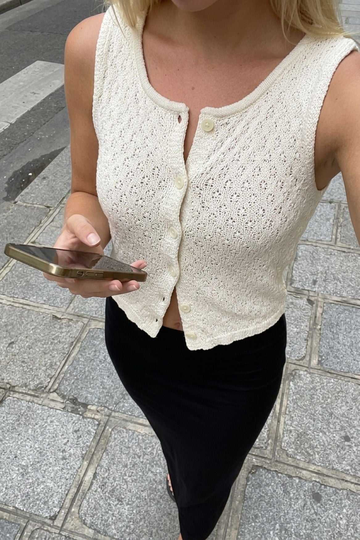 Buttoned Knit Top Bio-Baumwolle - Ecru