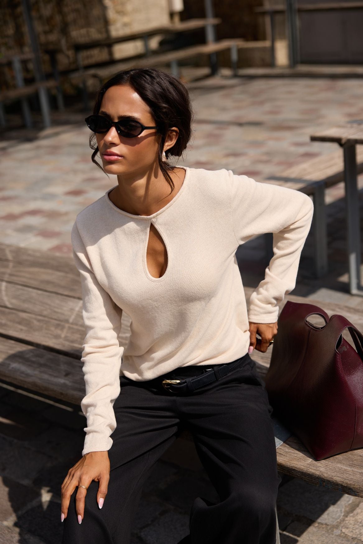 Soft Keyhole Long Sleeve Top Organic Cotton - Beige