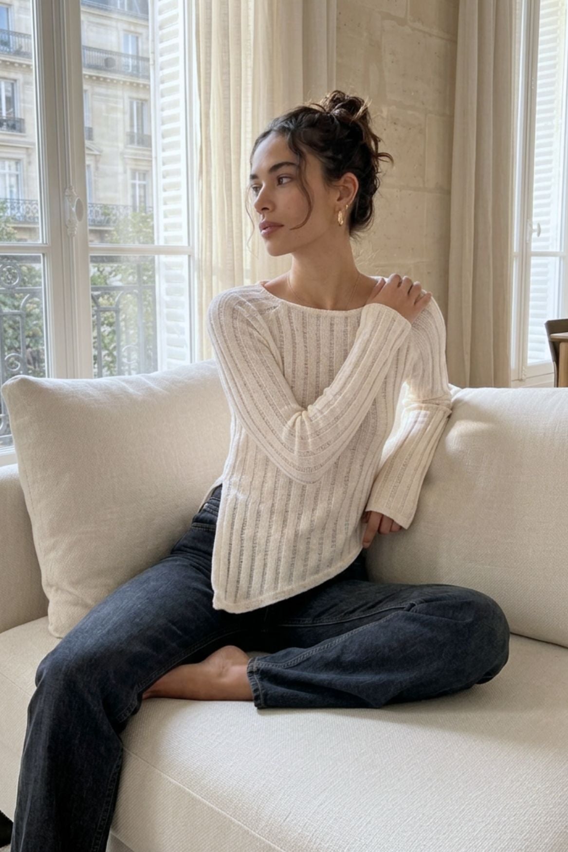 Asymmetrical Ribbed Longsleeve Organic Cotton - Ecru - Narah Soleigh | Luxe Line