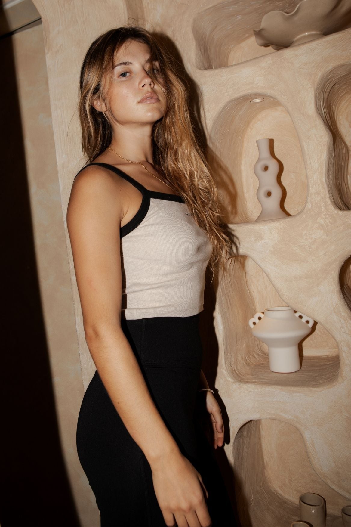 Contrast Tank Top Organic Cotton - Beige Melange - Narah Soleigh