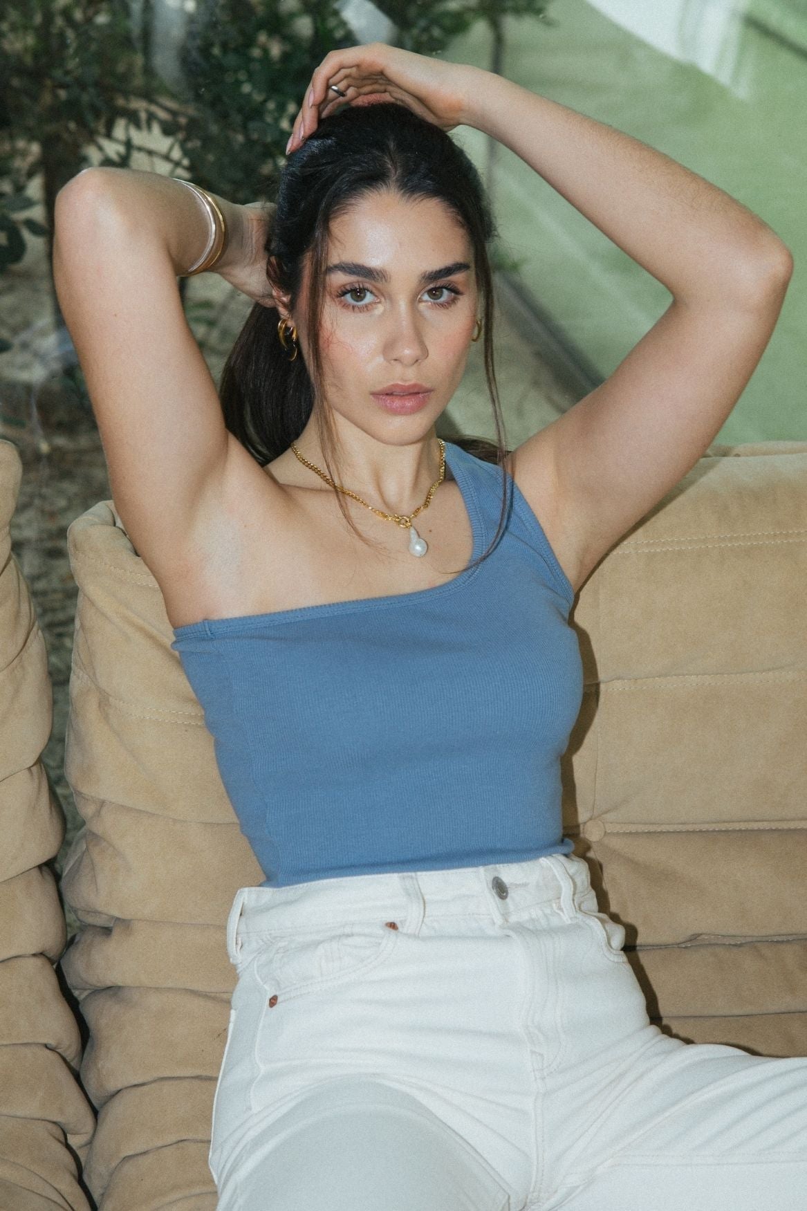 One - Shoulder Tank Top Organic Cotton - Baby Blue - Narah Soleigh