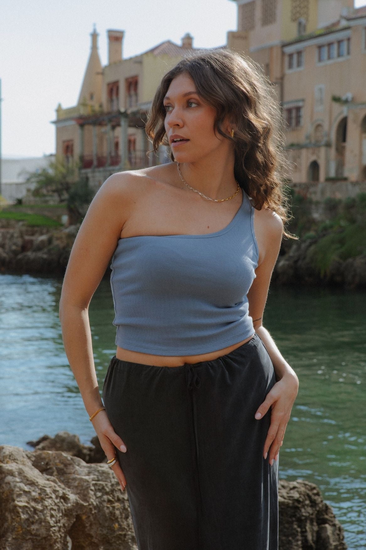 One - Shoulder Tank Top Organic Cotton - Baby Blue - Narah Soleigh