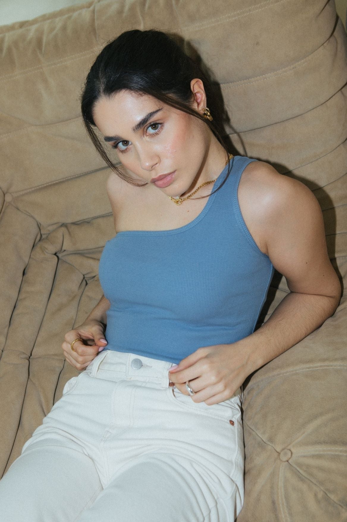 One - Shoulder Tank Top Organic Cotton - Baby Blue - Narah Soleigh