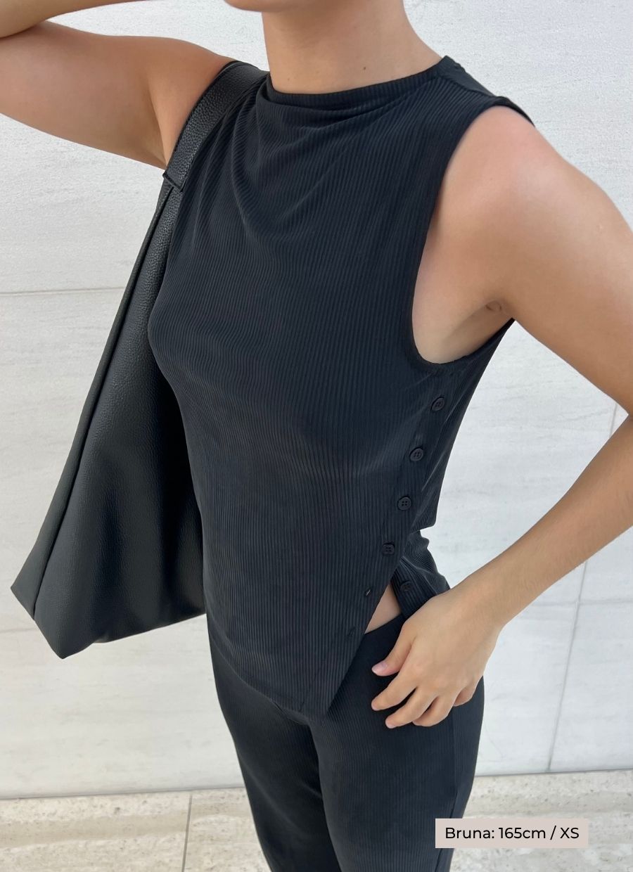 Side Button Top Cupro - Faded Black Rib - Narah Soleigh | Luxe Line