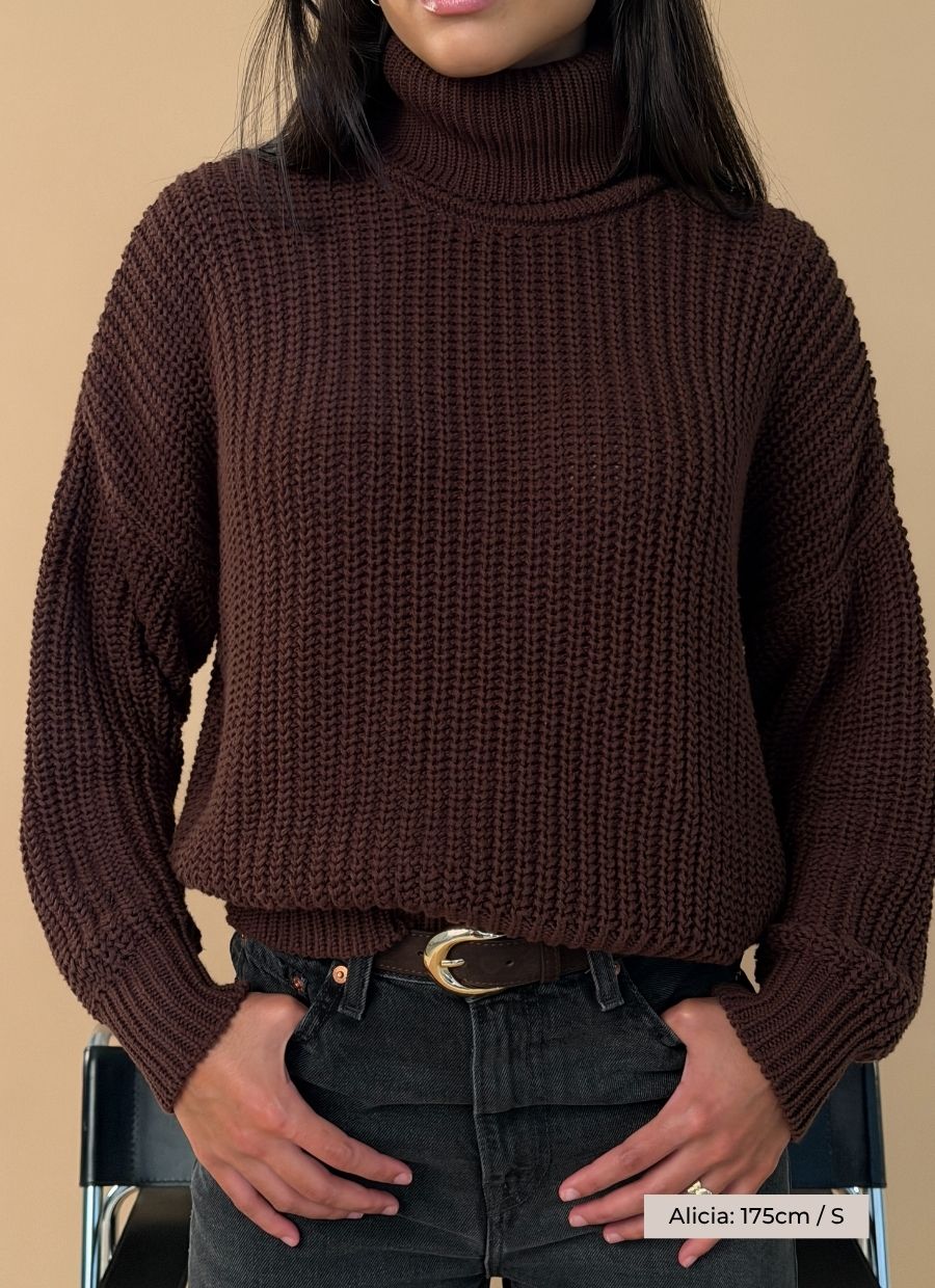 Turtleneck Knit Sweater Penelope Organic Cotton - Chocolate Brown - Narah Soleigh