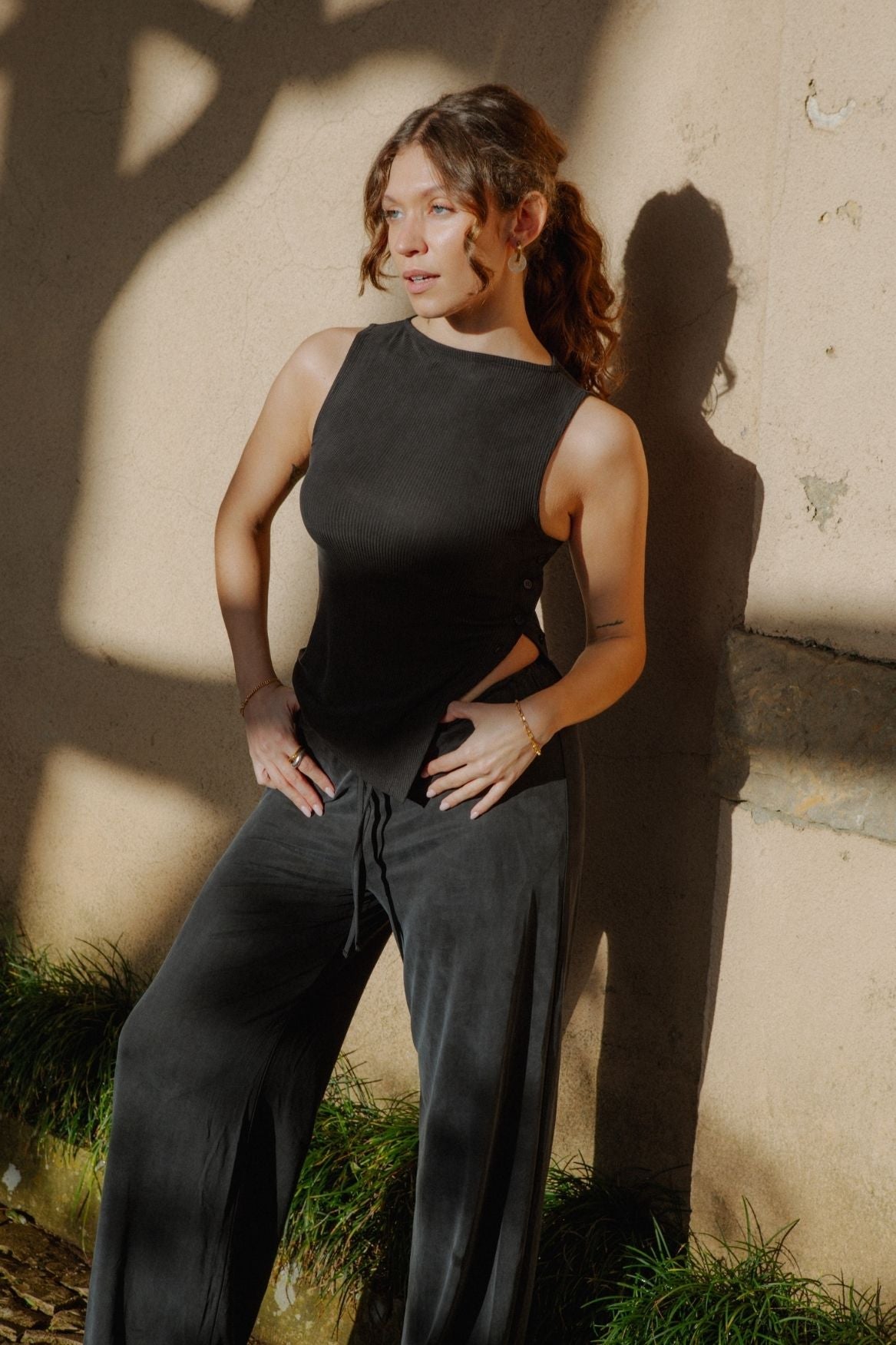 Wide Leg Drawstring Pant Cupro - Faded Black - Narah Soleigh | Luxe Line