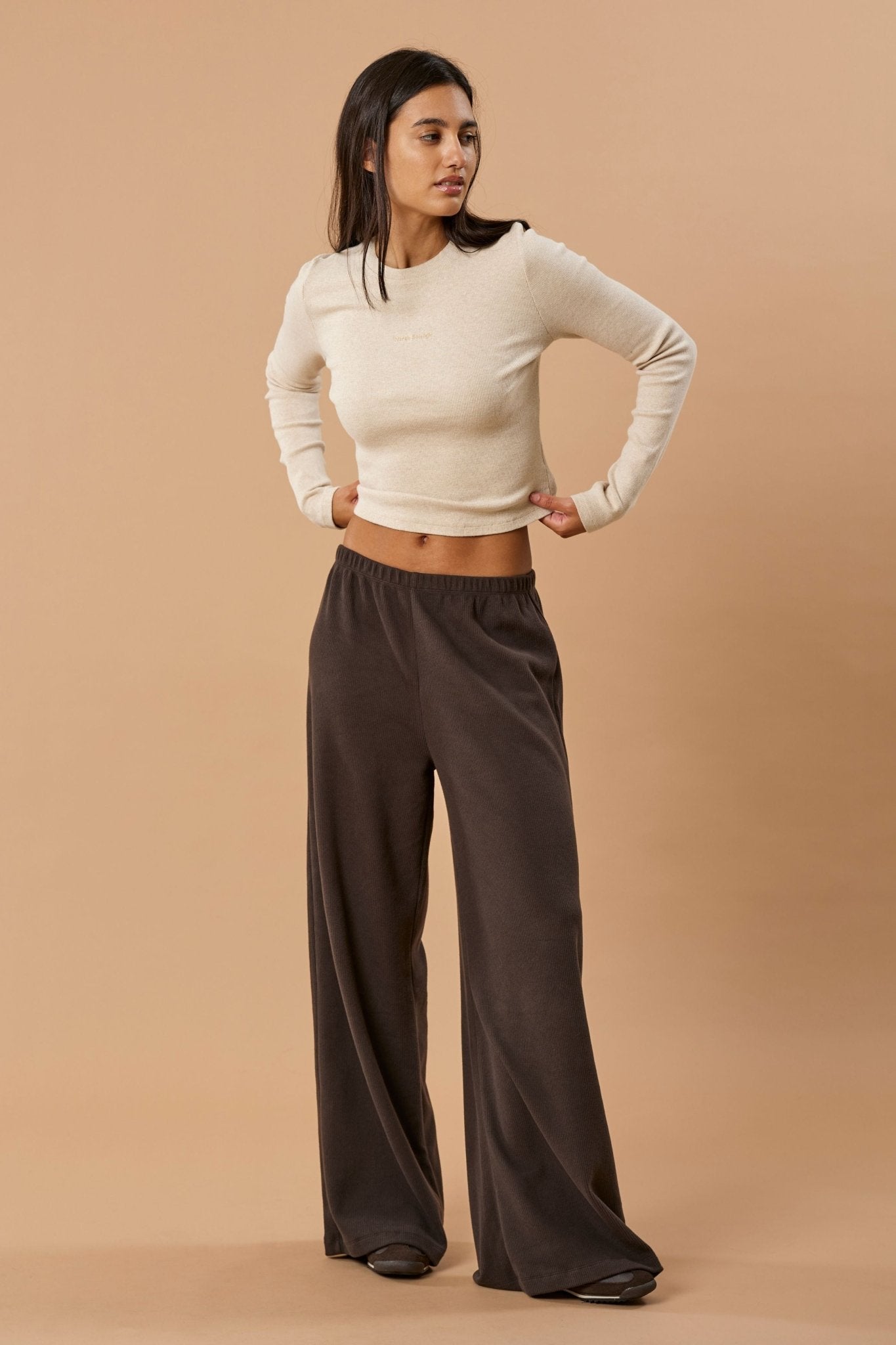 Wide Leg Pant Organic Cotton - Dark Brown Rib - Narah Soleigh