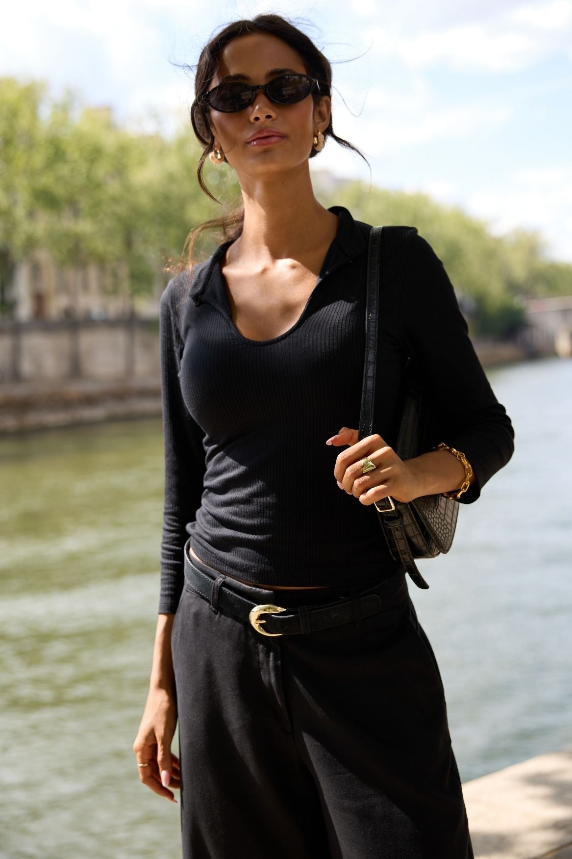 Button Keyhole Long Sleeve Top Modal - Black