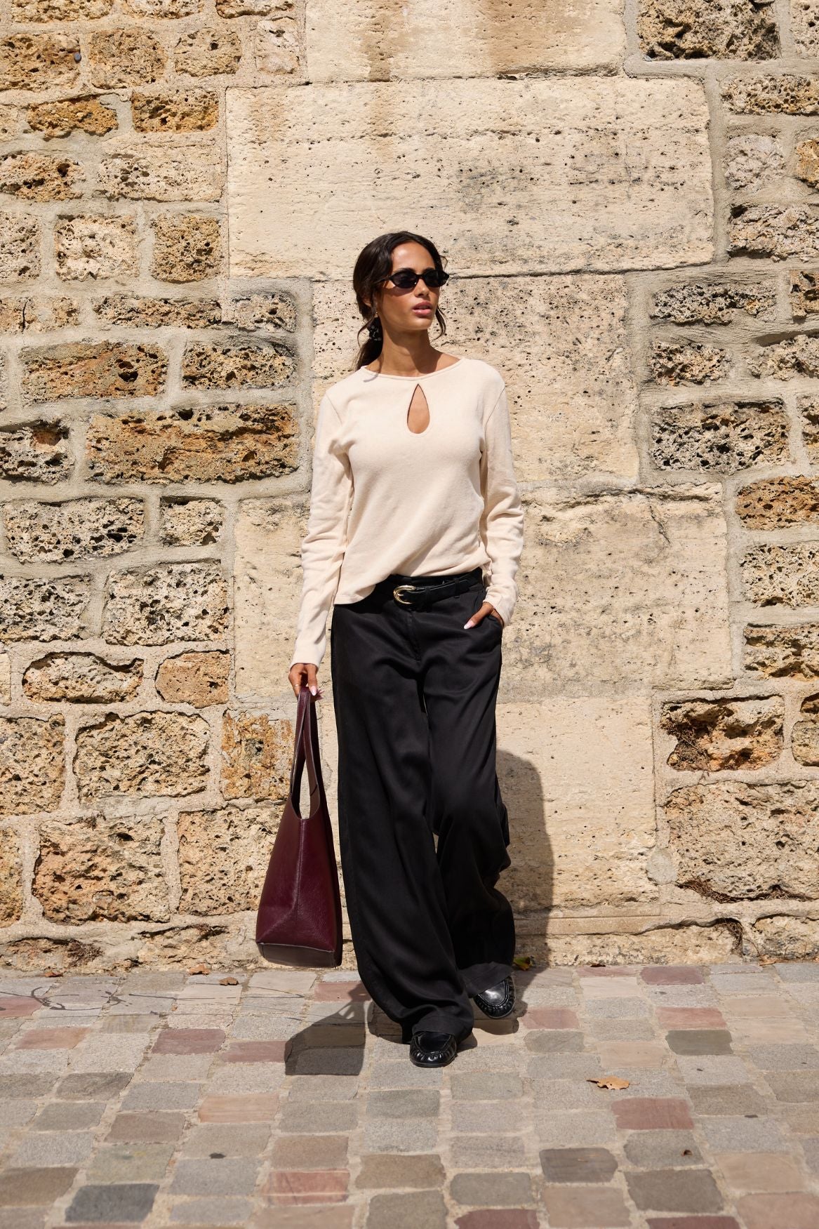 Soft Keyhole Long Sleeve Top Organic Cotton - Beige