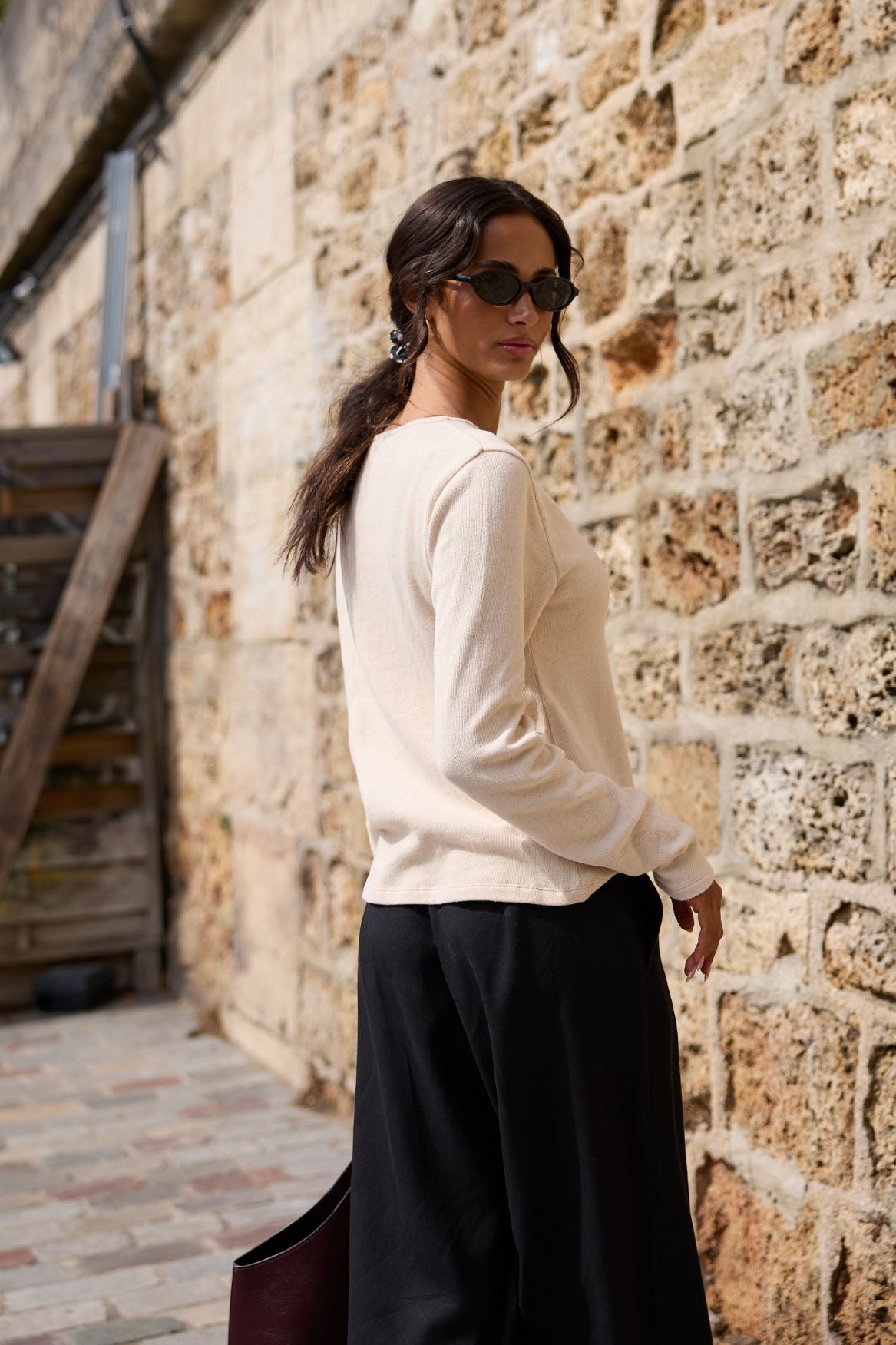 Soft Keyhole Long Sleeve Top Organic Cotton - Beige