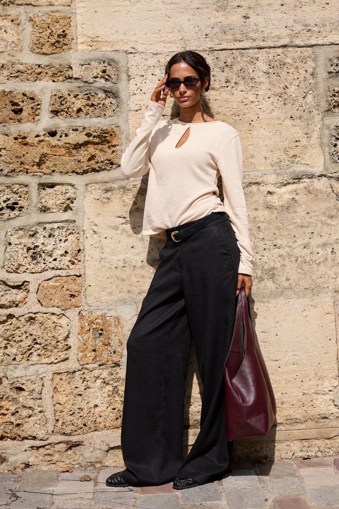 Soft Keyhole Long Sleeve Top Organic Cotton - Beige