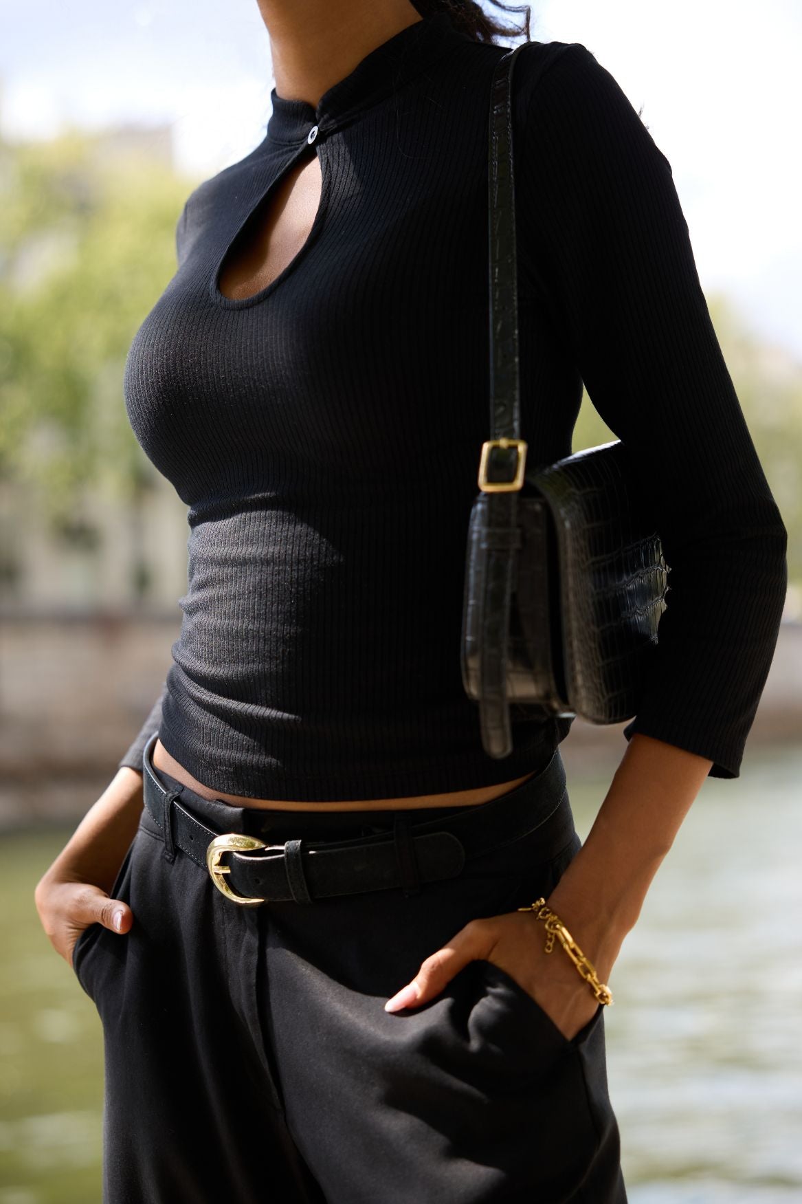 Button Keyhole Long Sleeve Top Modal - Black