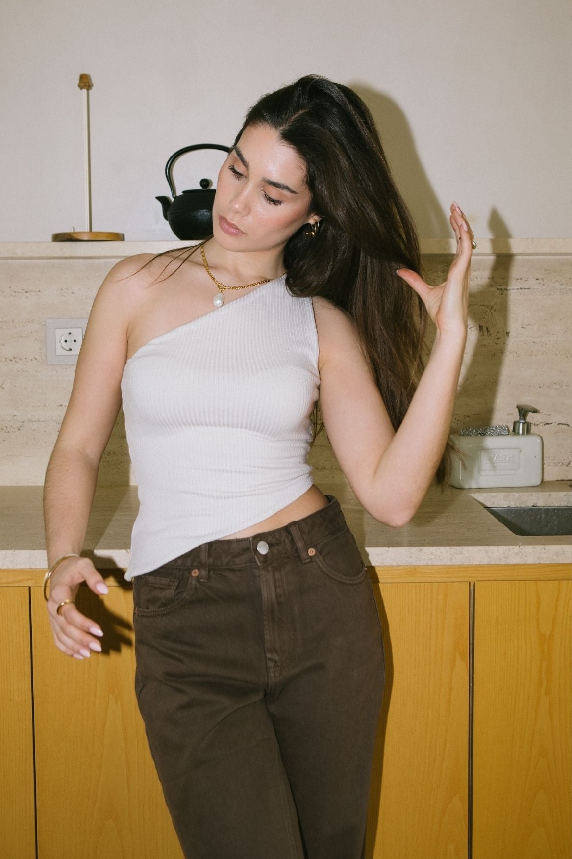 Asymmetrical One-Shoulder Top Modal - Greige - Narah Soleigh