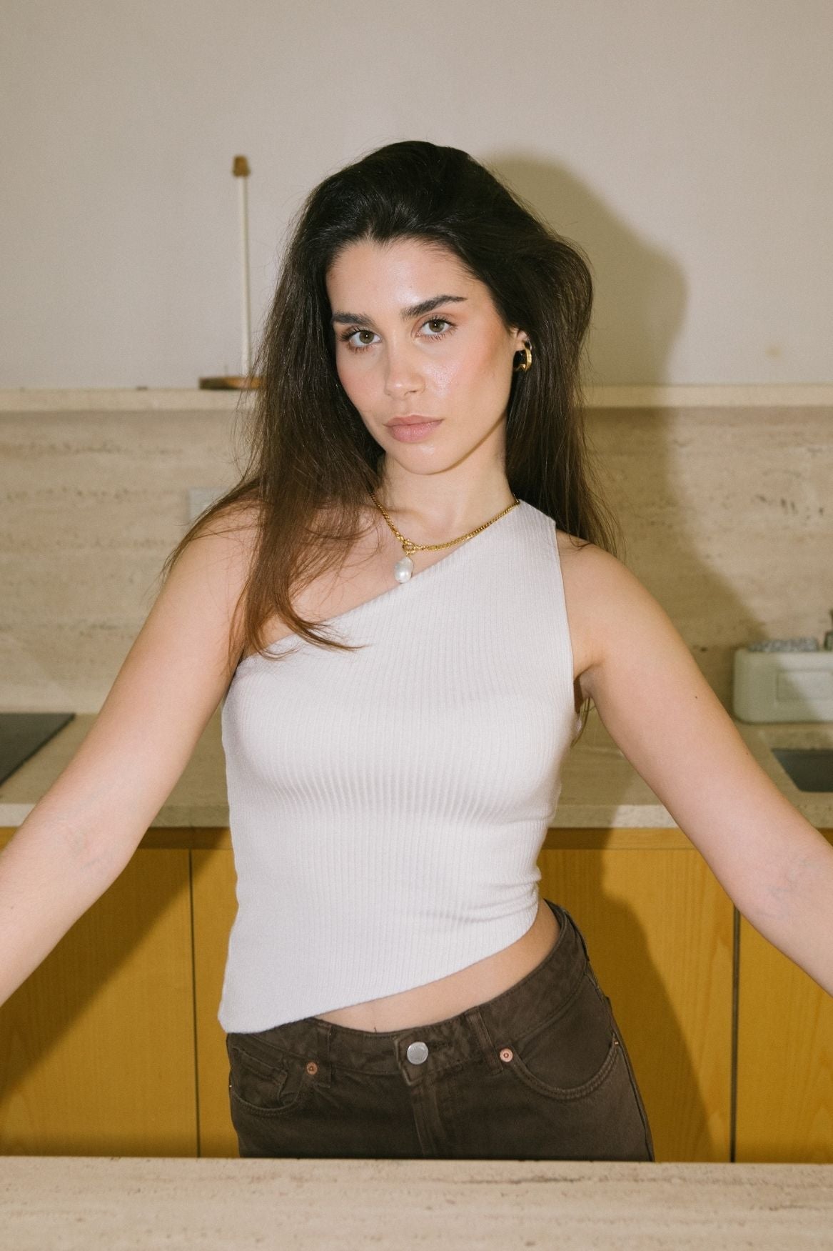 Asymmetrical One-Shoulder Top Modal - Greige - Narah Soleigh