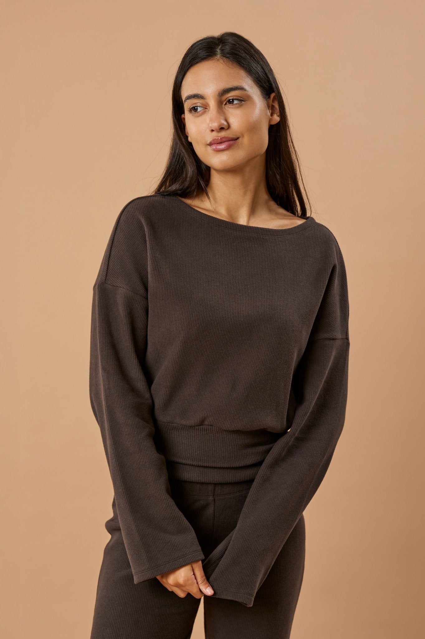 Boatneck Sweater Organic Cotton - Dark Brown Rib - Narah Soleigh