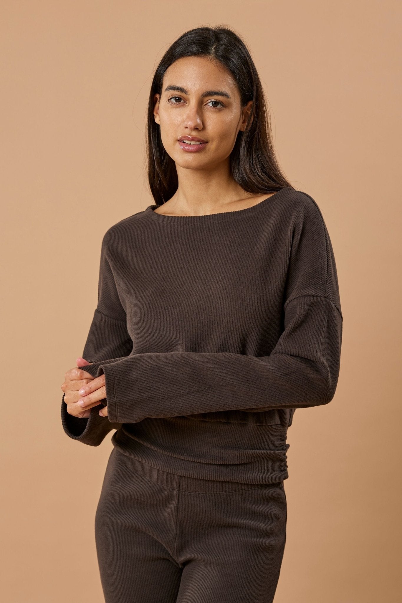 Boatneck Sweater Organic Cotton - Dark Brown Rib - Narah Soleigh