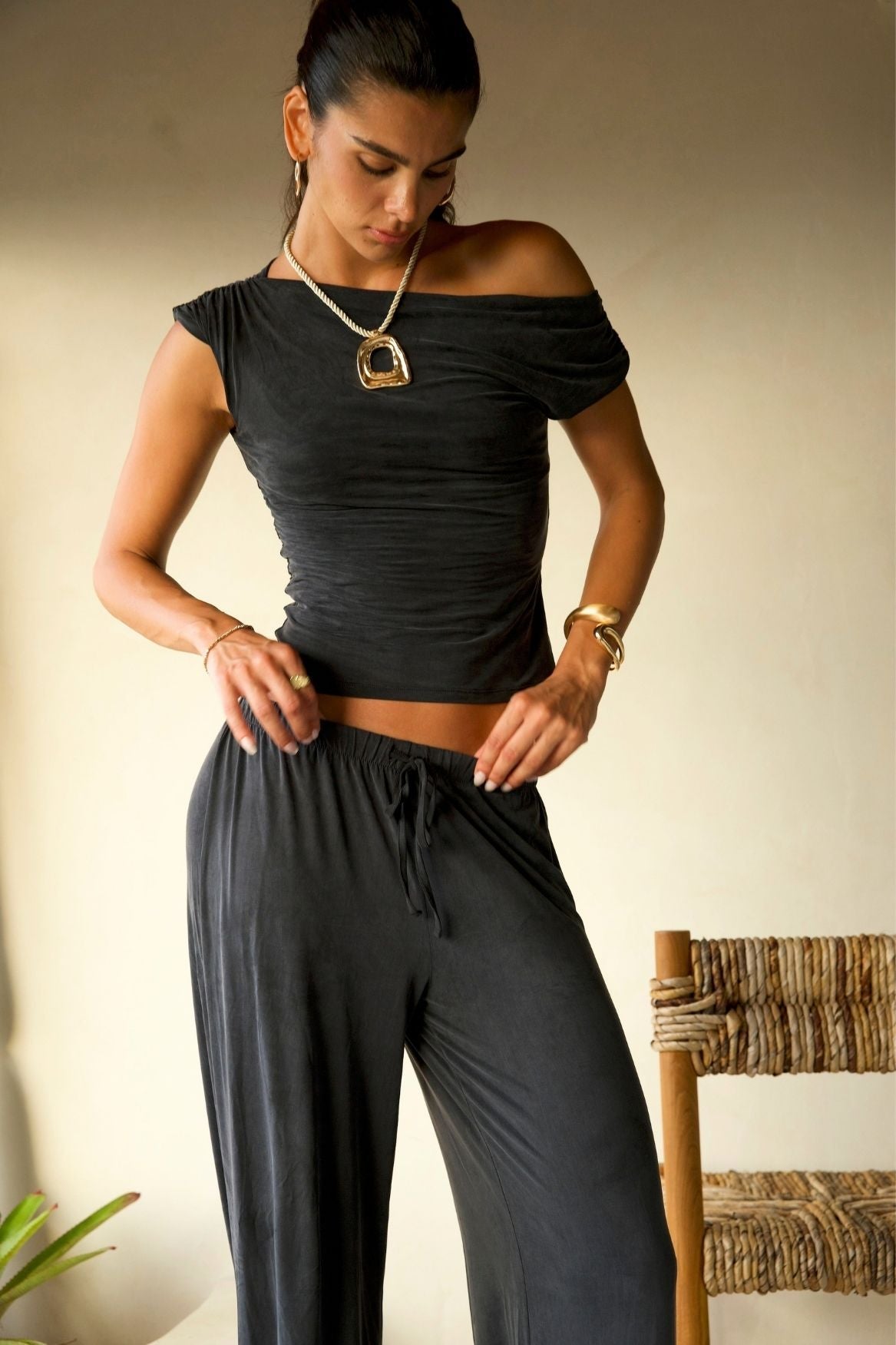 Draped Off-Shoulder Top Cupro - Faded Black - Narah Soleigh