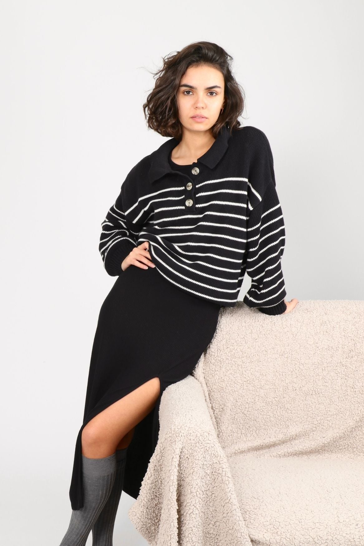 Knit Sweater Elise Organic Cotton - Black & White Striped - Narah Soleigh | Luxe Line