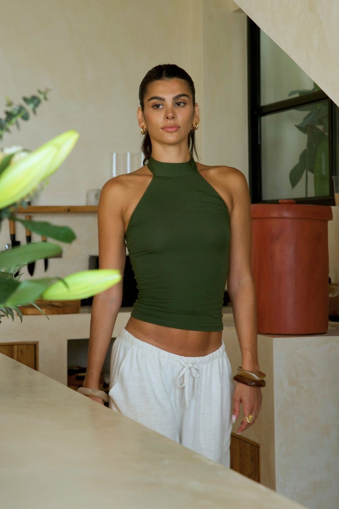 Open Back Halter Top Lyocell - Olive Green - Narah Soleigh | Luxe Line