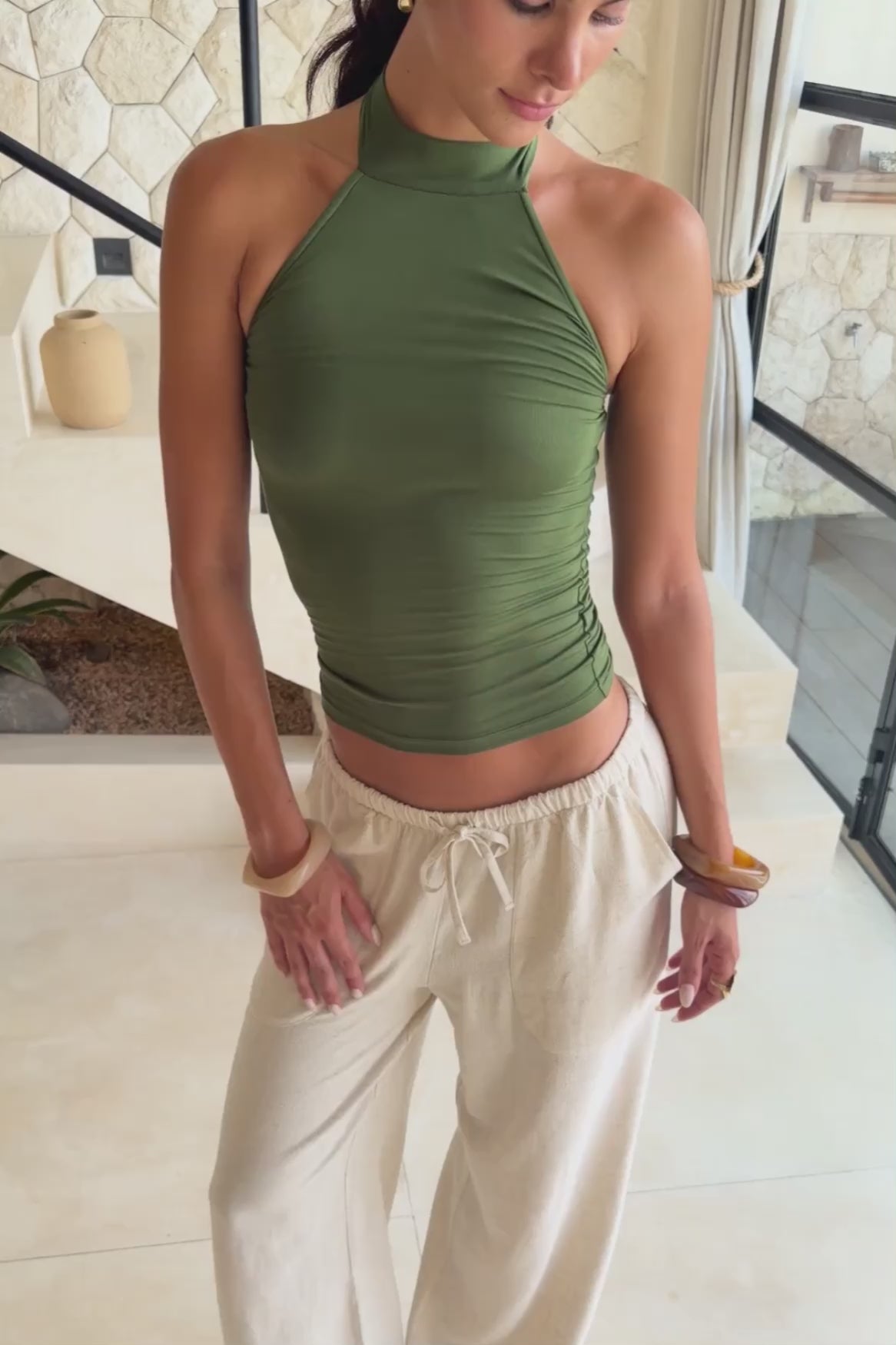 Open Back Lyocell Halter Top – Olive Green | Narah Soleigh