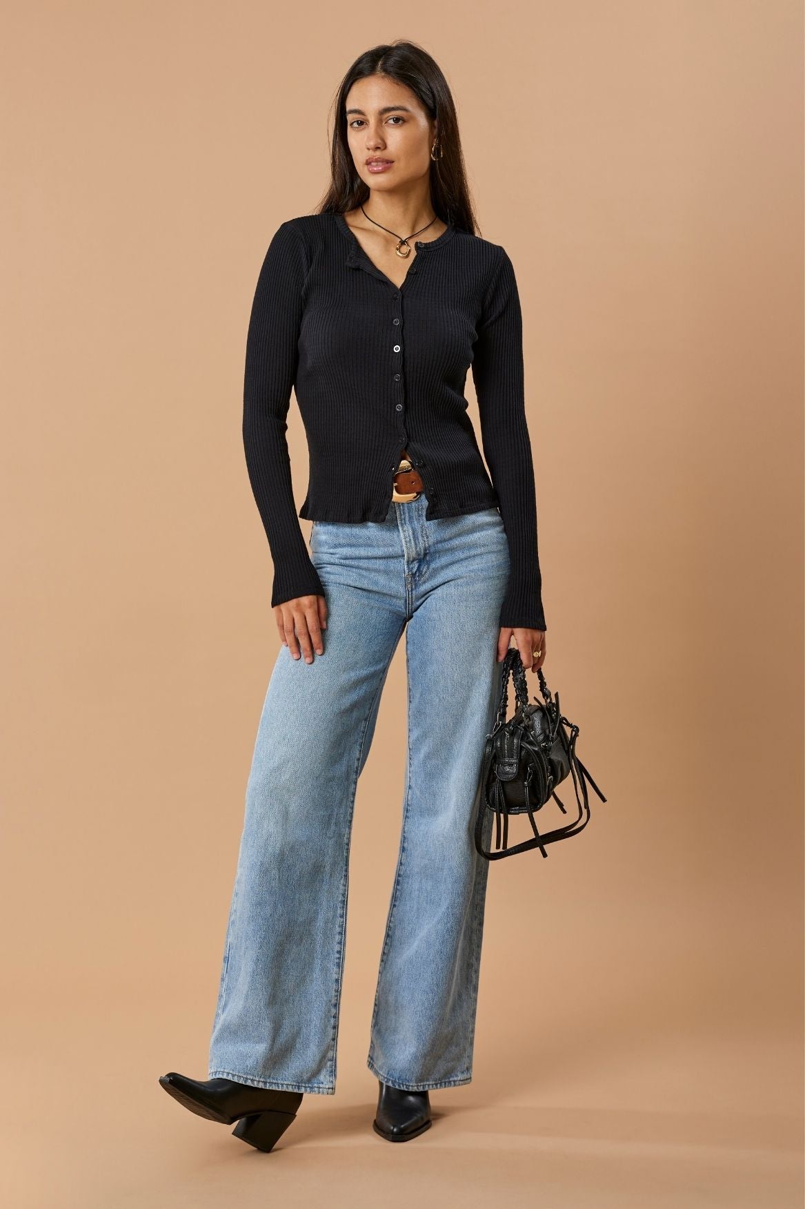 Ribbed Cardigan Organic Cotton - Black - Narah Soleigh