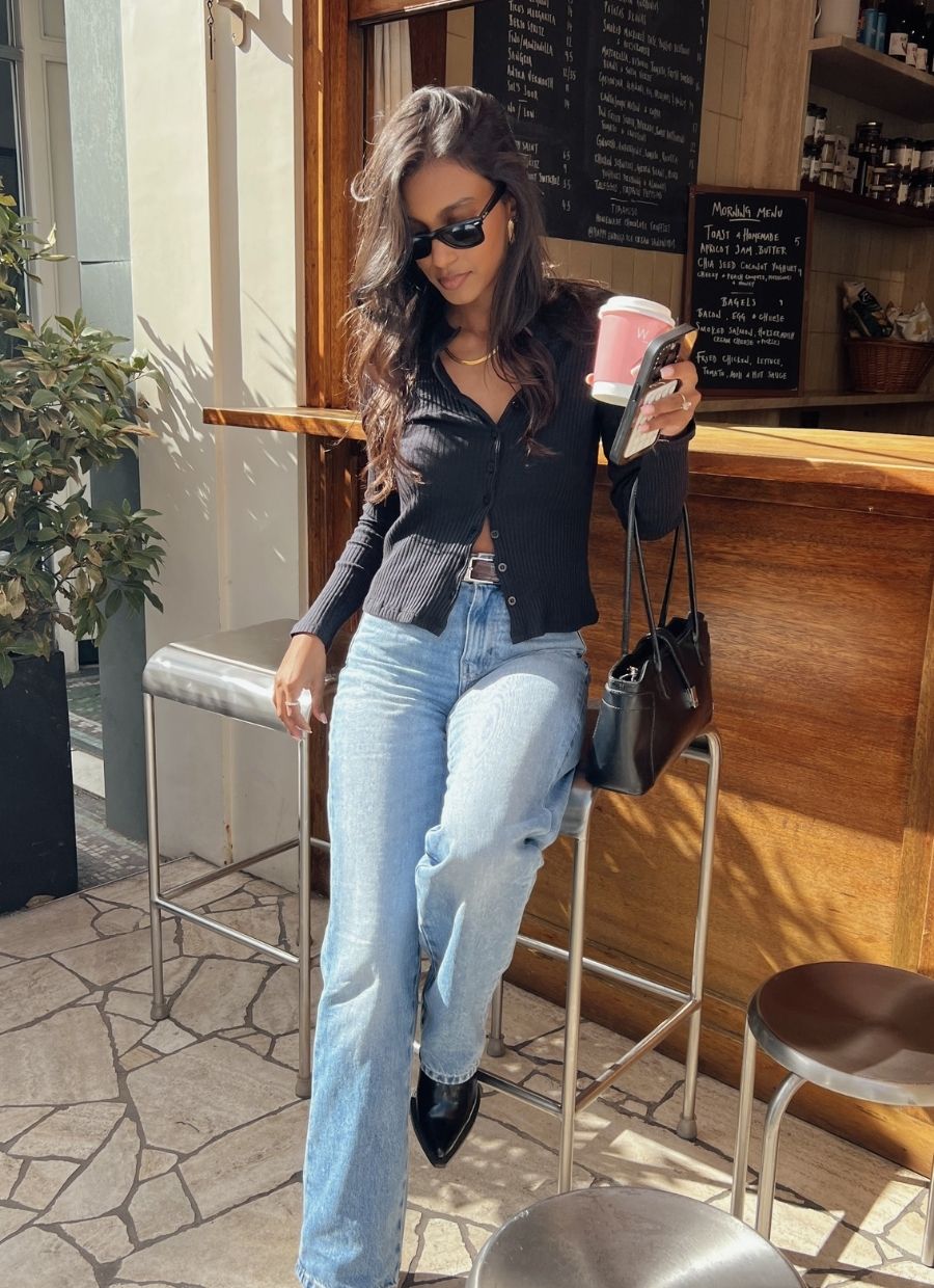 Ribbed Cardigan Organic Cotton - Black - Narah Soleigh