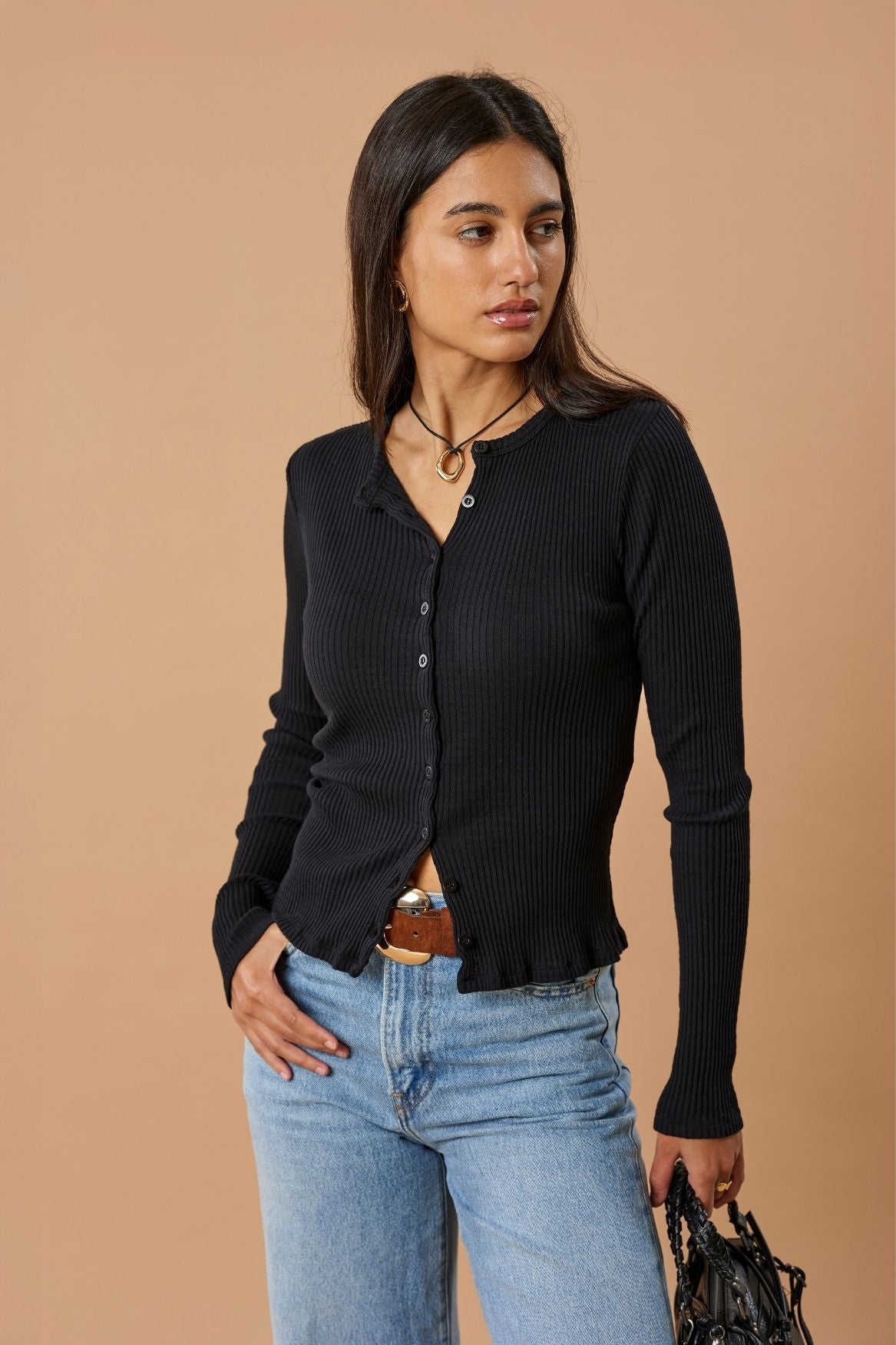 Ribbed Cardigan Organic Cotton - Black - Narah Soleigh
