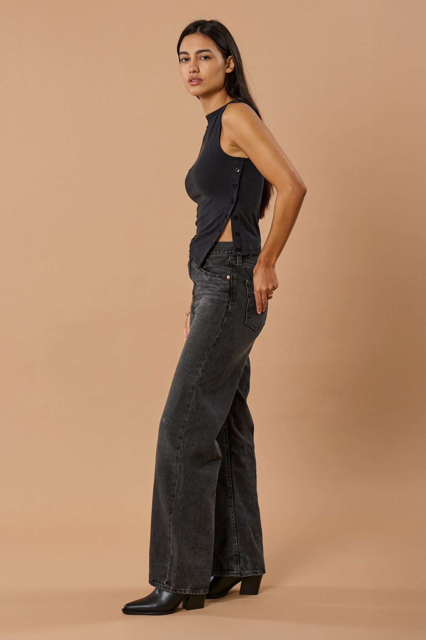 Side Button Top Cupro - Faded Black Rib - Narah Soleigh | Luxe Line