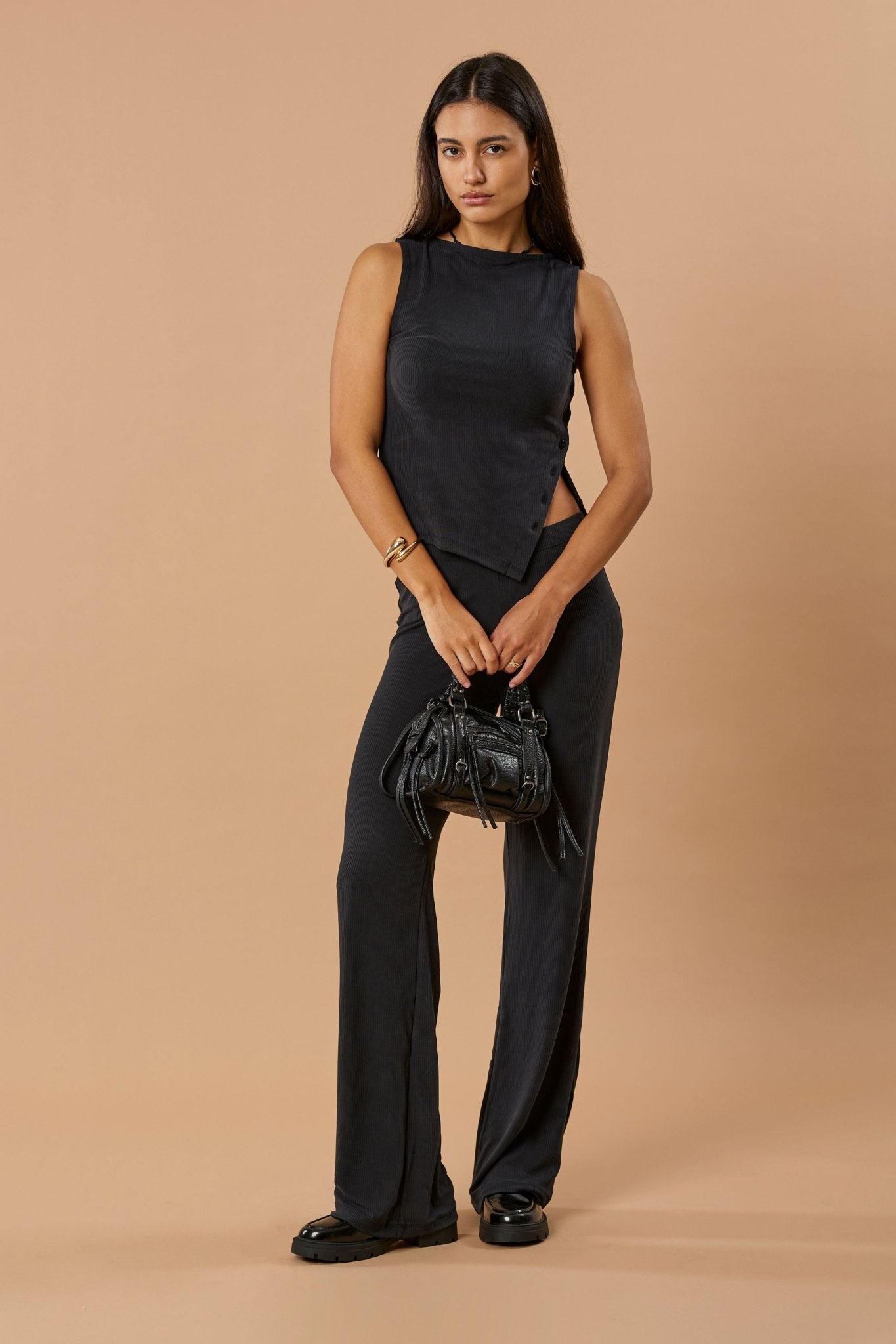 Side Button Top Cupro - Faded Black Rib - Narah Soleigh | Luxe Line