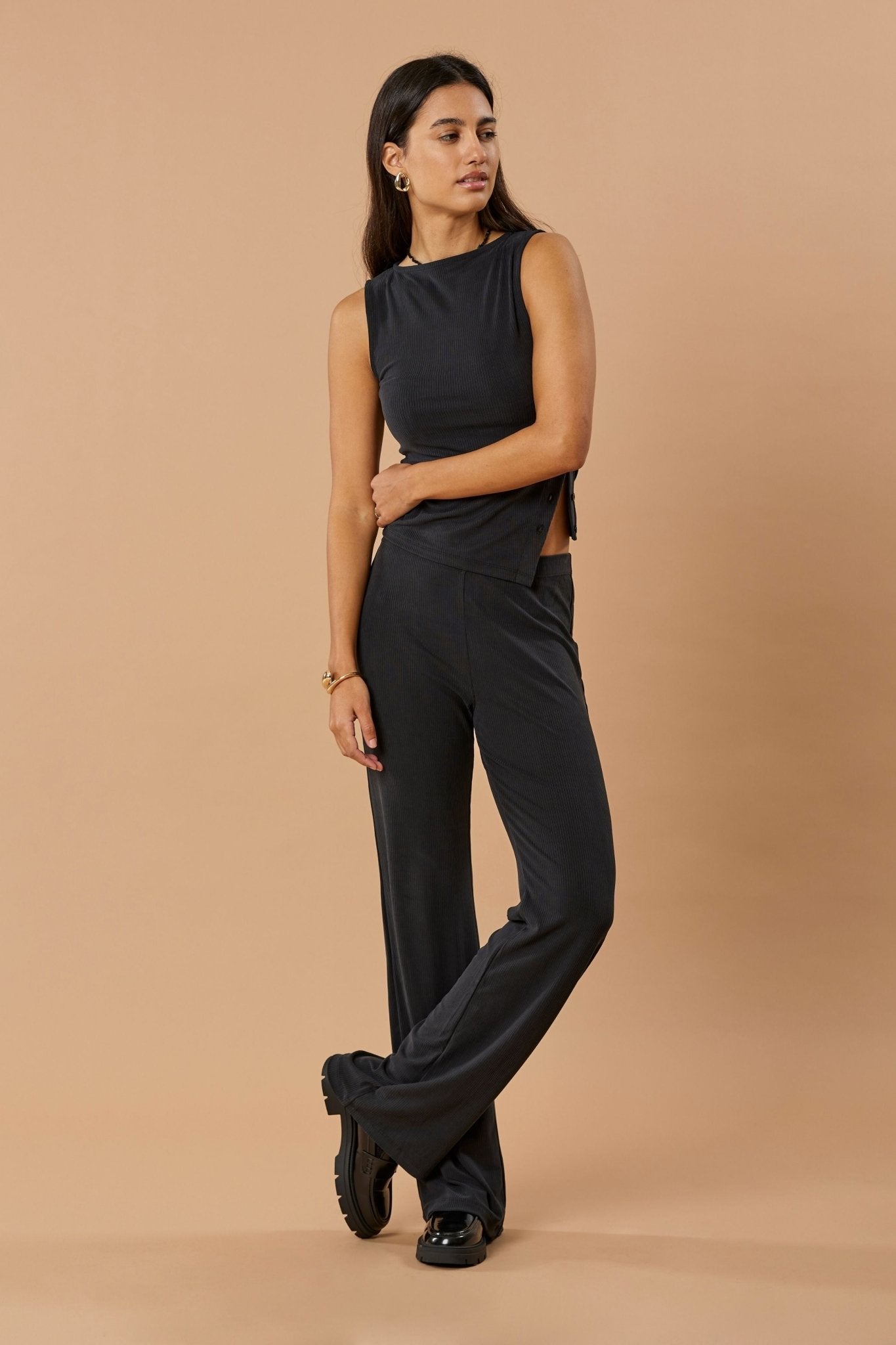 Straight Leg Pant Cupro - Faded Black Rib - Narah Soleigh | Luxe Line