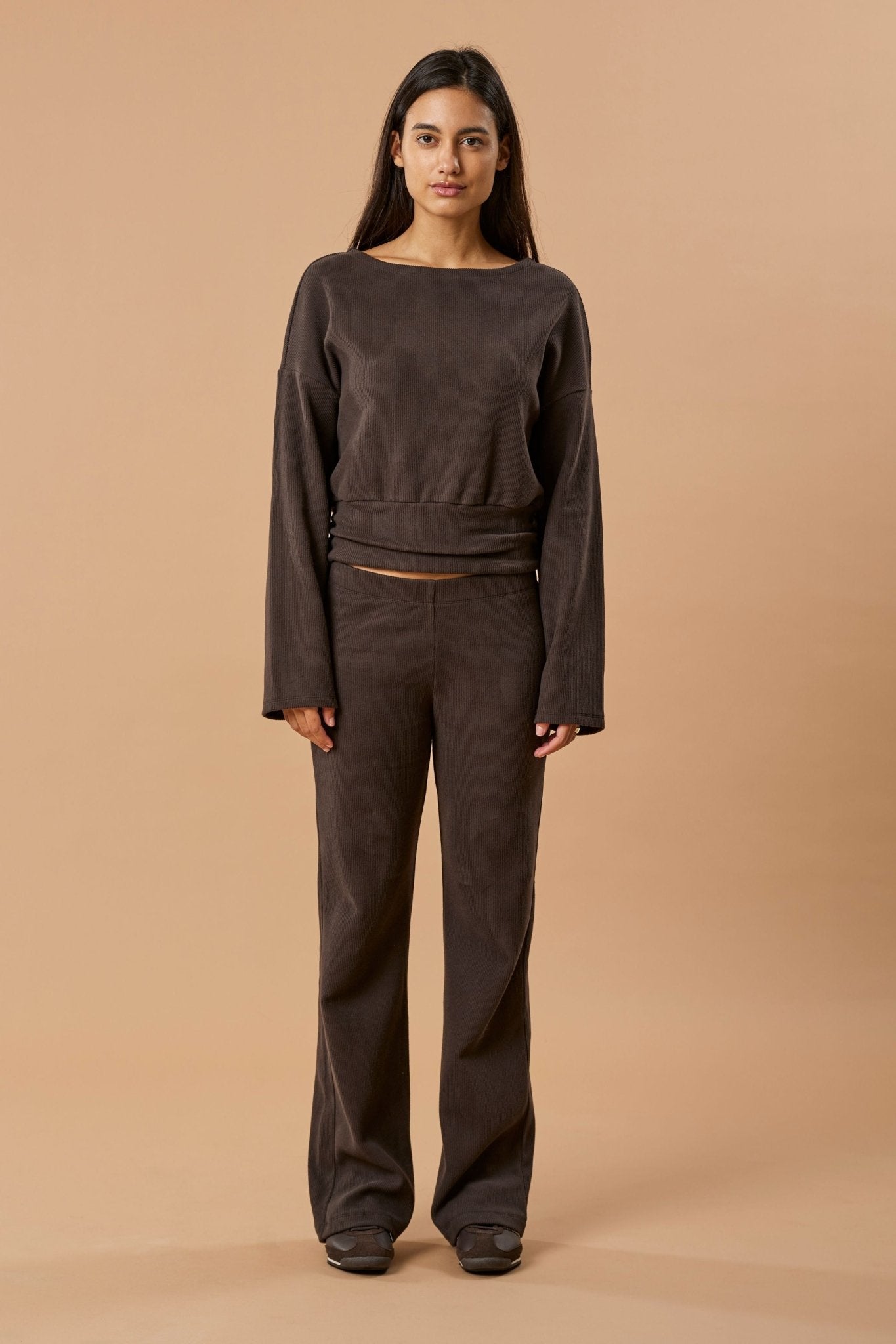 Straight Leg Pant Organic Cotton - Dark Brown Rib - Narah Soleigh