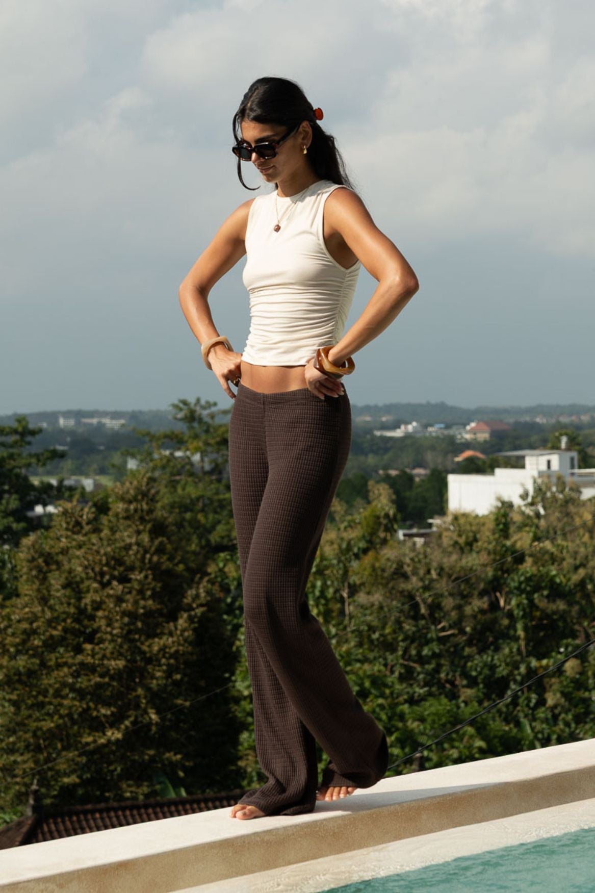 Straight Leg Waffle Pant Lyocell - Chocolate Brown - Narah Soleigh