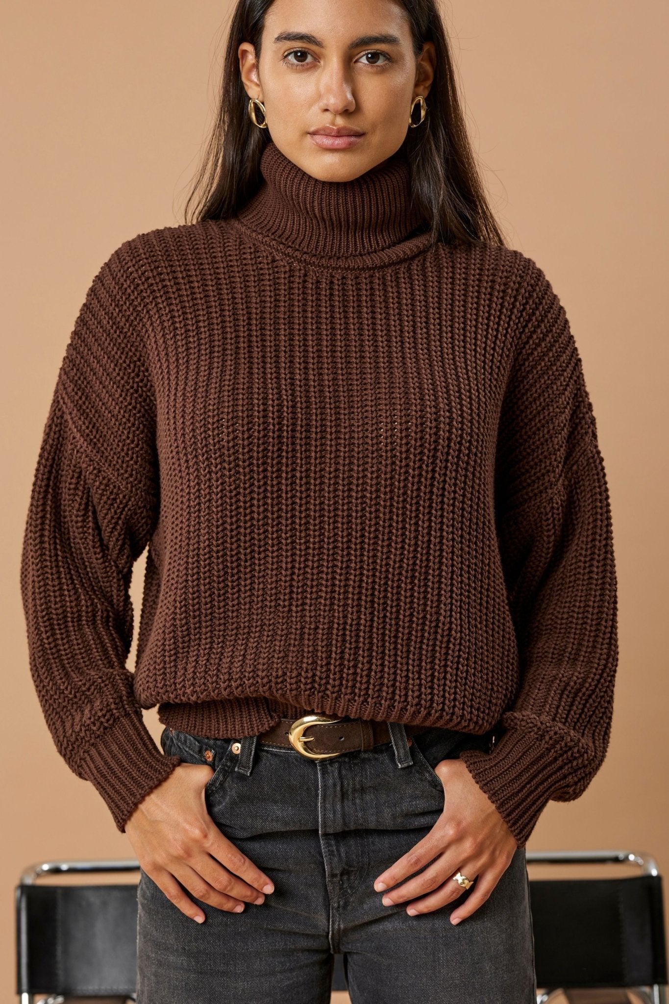 Turtleneck Knit Sweater Penelope Organic Cotton - Chocolate Brown - Narah Soleigh