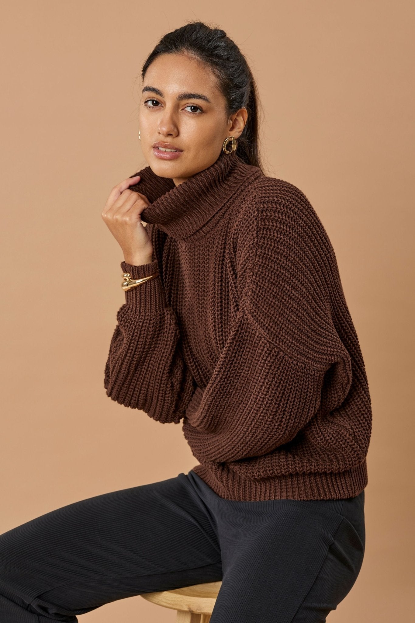 Turtleneck Knit Sweater Penelope Organic Cotton - Chocolate Brown - Narah Soleigh