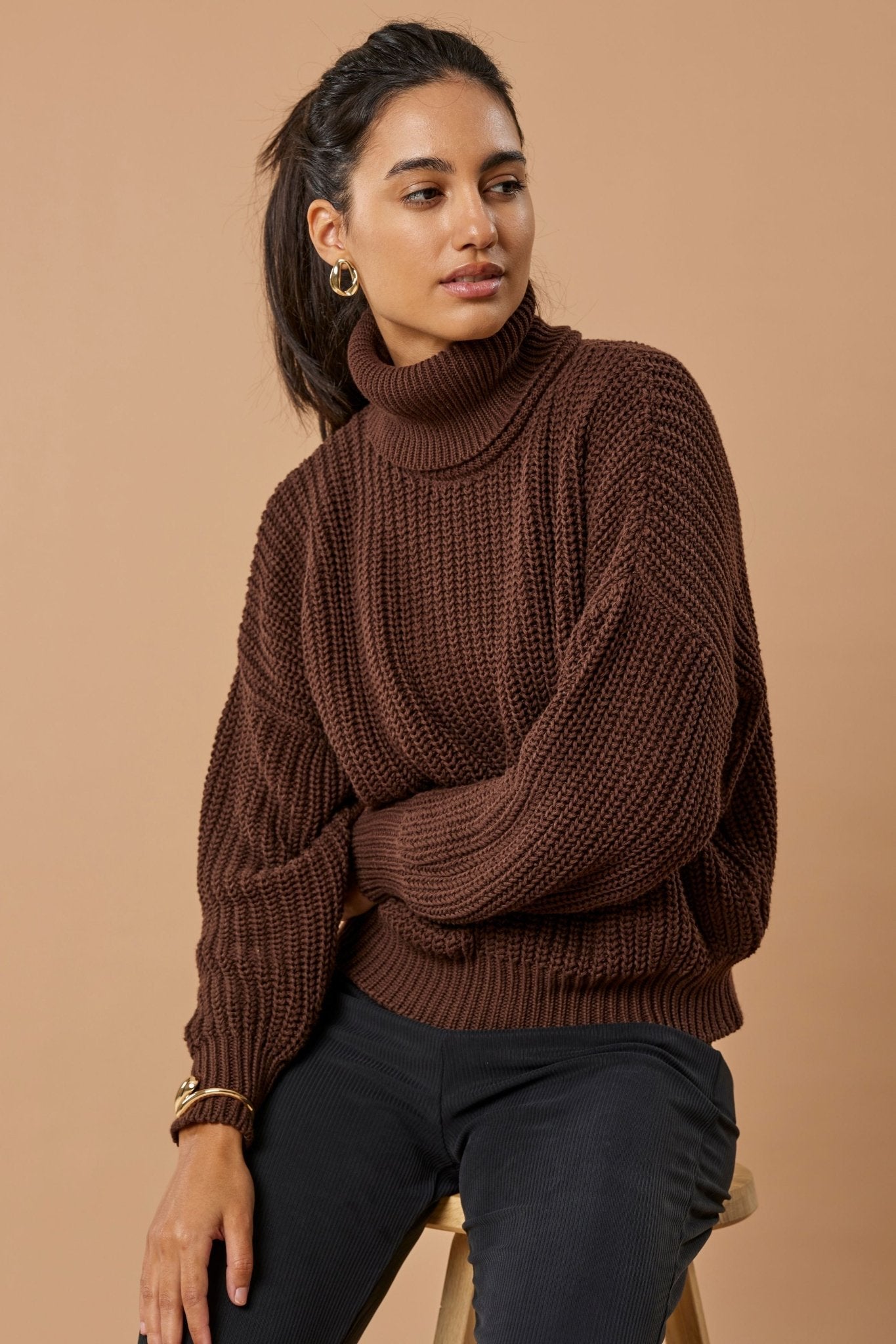 Turtleneck Knit Sweater Penelope Organic Cotton - Chocolate Brown - Narah Soleigh