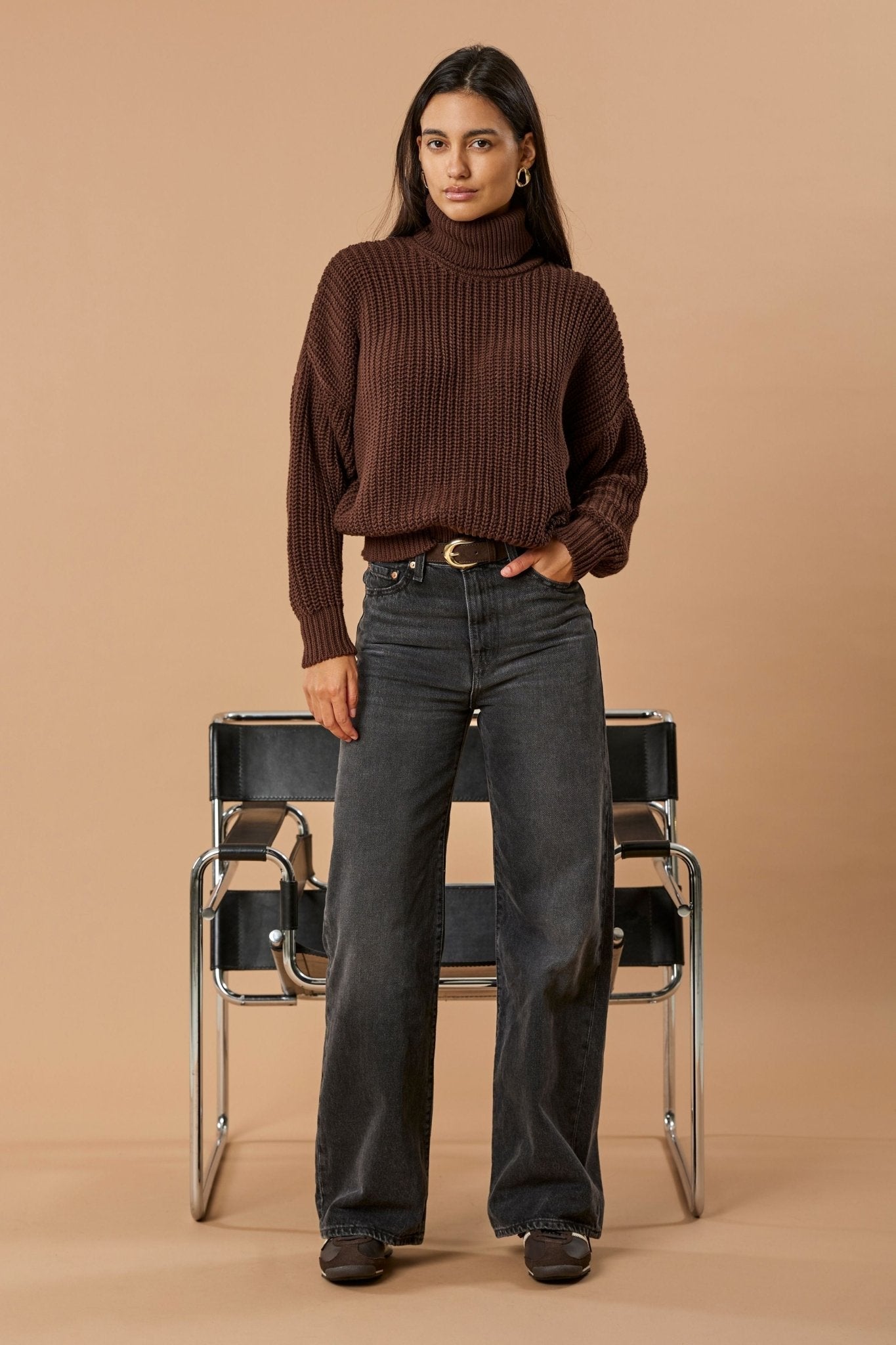 Turtleneck Knit Sweater Penelope Organic Cotton - Chocolate Brown - Narah Soleigh