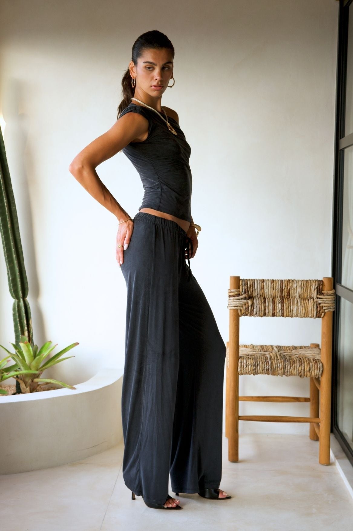 Wide Leg Flowy Pant Cupro - Faded Black - Narah Soleigh Wide Leg Flowy Pant Cupro - Faded Black - Narah Soleigh